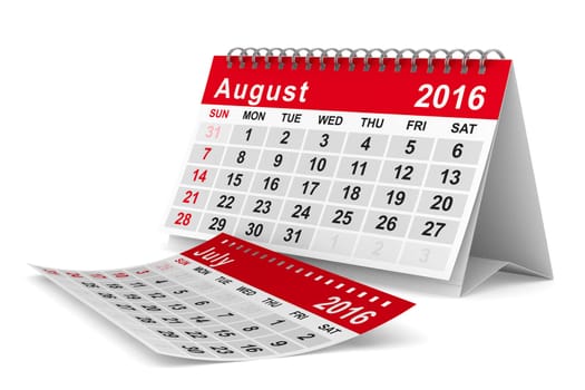 2016 year calendar. August. Isolated 3D image