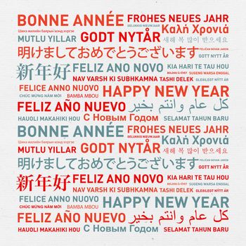 Happy new year from the world. Different languages celebration card