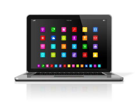 3D Laptop Computer with apps icons interface - isolated on white with clipping path