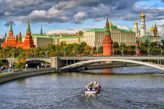 Red and white towers of Moscow Kremlin over Moskva river, Moscow, Russia