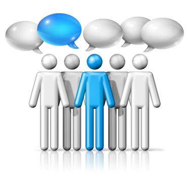 three dimensional group of stick figures people with speech bubbles, communication symbol, white and blue