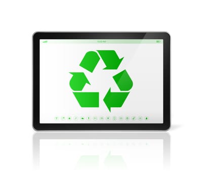 3D Digital tablet PC with a recycle symbol on screen. environmental conservation concept