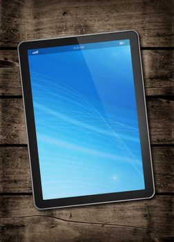 Digital tablet PC on a dark wood table - vertical office mockup