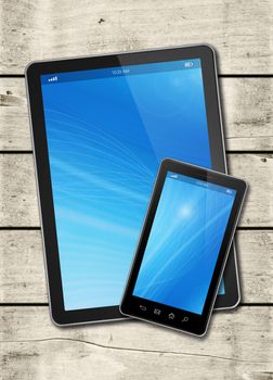 Smartphone and digital tablet PC on a white wood table - vertical office mockup