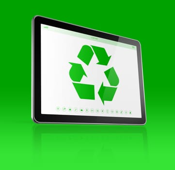 3D Digital tablet PC with a recycling symbol on screen. ecological concept