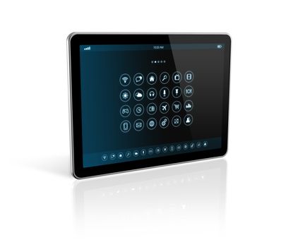 3D digital tablet with apps icons interface - isolated on white with clipping path