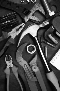 Hand tools close up. Black and white picture
