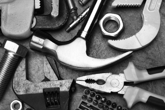 Hand tools close up. Black and white picture