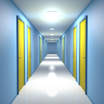 Corridor with closed doors in office, residential building or hotel