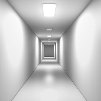 Empty corridor with white walls, lighting panels and ventilation
