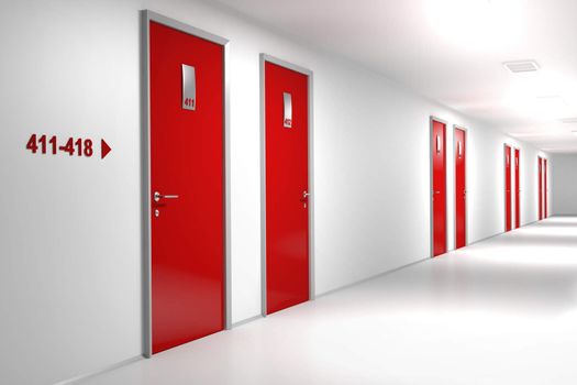 Hotel corridor with red doors 