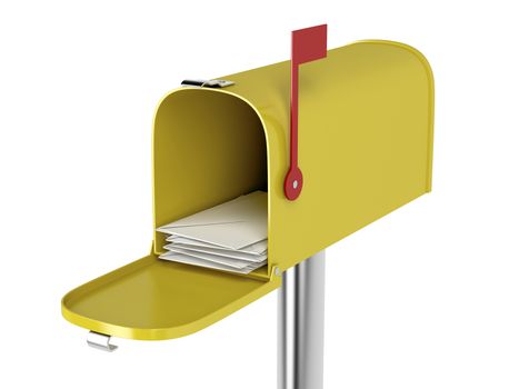 Yellow mailbox with mails isolated on white background