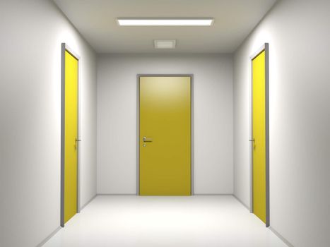 Corridor ending with three yellow doors