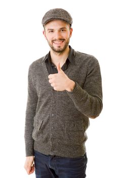 young casual man going thumbs up, isolated on white background