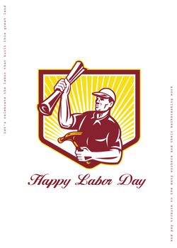 Labor Day greeting card featuring an illustration of a carpenter builder holding hammer and building plan blue print viewed from the side set inside shield crest with sunburst in the background done in retro style with the words Happy Labor Day in the bottom. 
