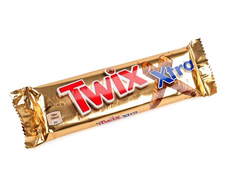 PULA, CRAOTIA - NOVEMBER 22, 2015: Twix cookie bars isolated on white background. Twix bars are produced by Mars Incorporated. Twix name has been used since 1991     