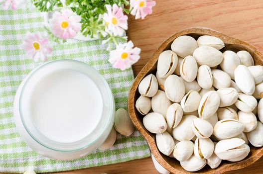 Raw Organic Pistachio Nuts in a Bowl and milk in glass.