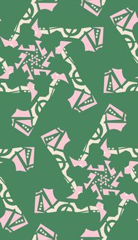 Green kaleidoscope background pattern of pink star shapes