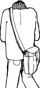 Cartoon rear view of person hunched over with bag