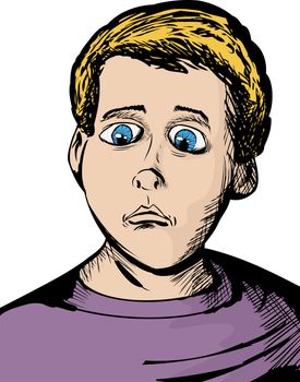 Cartoon of single Caucasian youth with serious expression