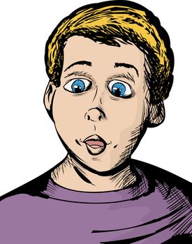 Cartoon of fascinated Caucasian youth with blue eyes