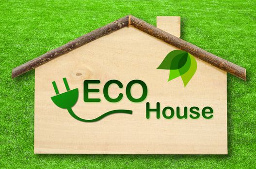 Eco home on Little home wooden model on green grass background. Save clipping path
