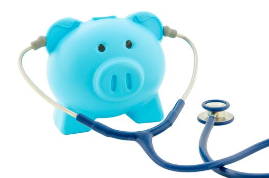 Blue piggy bank with stethoscope isolated on white concept for financial checkup or saving for medical insurance costs
