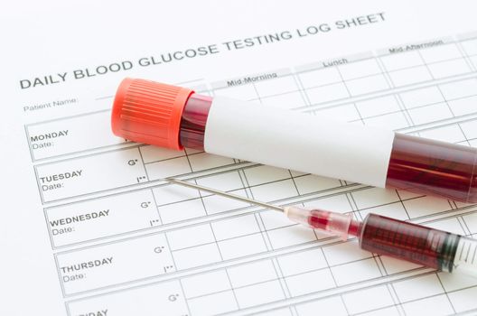 Daily blood glucose testing and sample blood in tube and syringe. Blood sugar control concept.