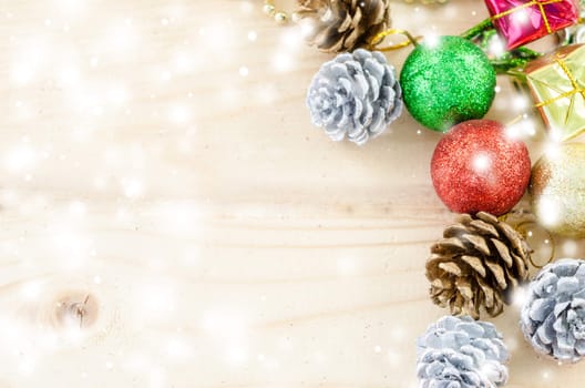 Christmas decorations on wooden background.