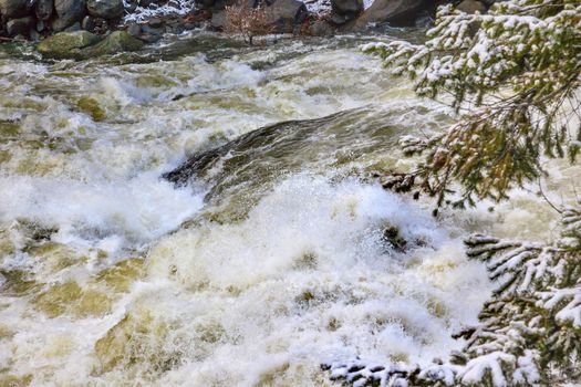 Wenatchee River Winter Leaves Rapids Snow Ice Near Stevens Pass Leavenworth Washington