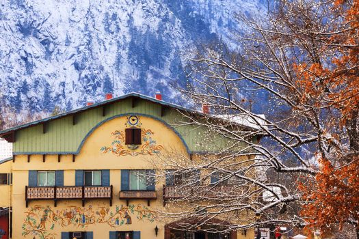 Winter Mountains Snow German Buildings Orange Maple Leaves Leavenworth Washington