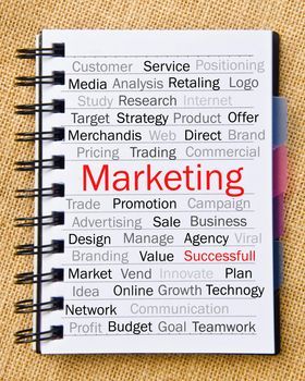 Marketing concept, wording in notepad on sackbackground.