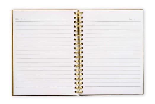 Open notebook with white lined pages isolated on white background.