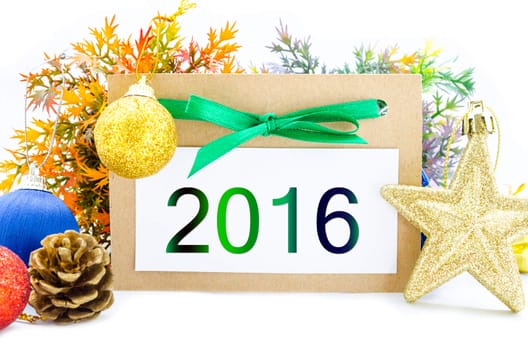 2016 on brown tag paper new year decoration on white background.