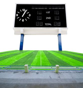 Old black score board in field soccer on white background.