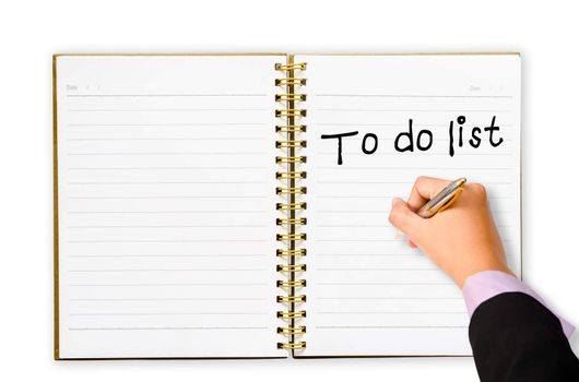 Hand business man writing to do list wording on open notebook for your marketing plan