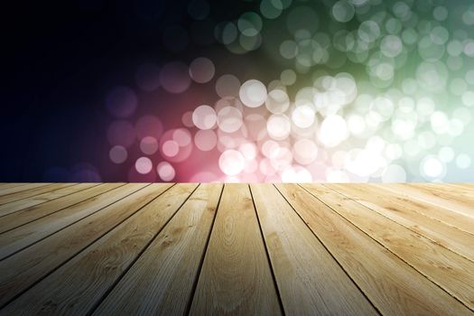 Perspective wood and bokeh light background. product display template