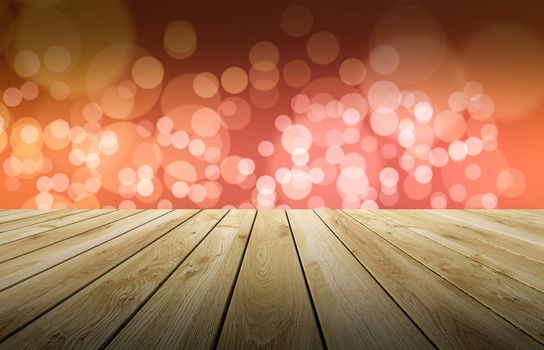 Perspective wood and bokeh light background. product display template