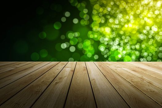 Perspective wood and bokeh light background. product display template