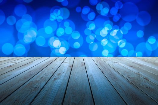 Perspective wood and bokeh light background. product display template