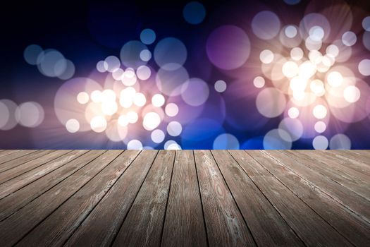 Perspective wood and bokeh light background. product display template