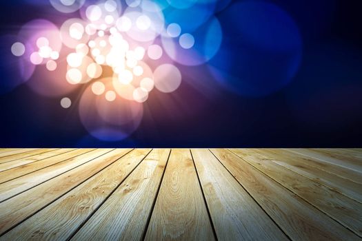 Perspective wood and bokeh light background. product display template