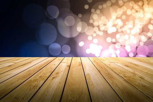 Perspective wood and bokeh light background. product display template