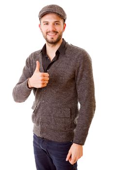 young casual man going thumbs up, isolated on white background