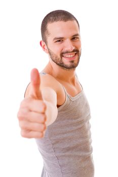 young casual man going thumbs up, isolated on white background