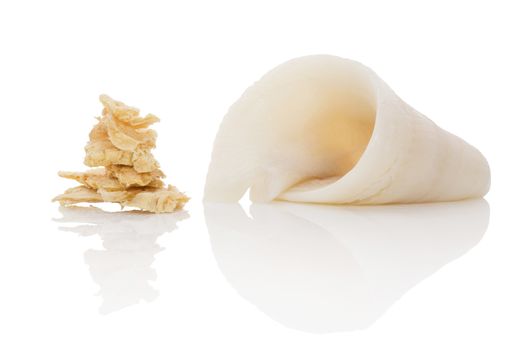 Fresh halibut fillet and dry fish snack isolated on white background. Culinary seafood eating. 