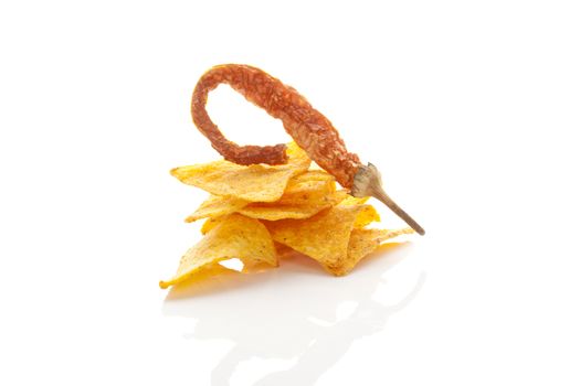 Nachos and jalapeno pepper isolated on white background. Traditional mexican eating. 