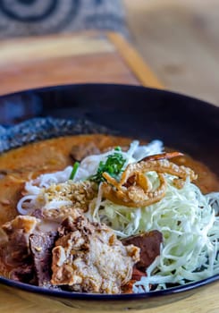 Rice noodles with spicy pork sauce , A famous food of Northern of Thailand