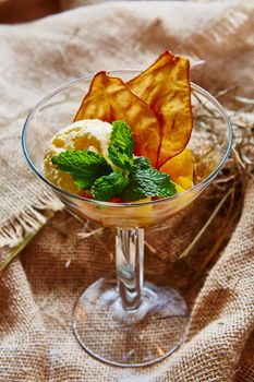 Homemade ice cream with mint and Pear chips