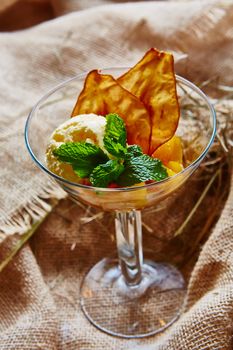 Homemade ice cream with mint and Pear chips